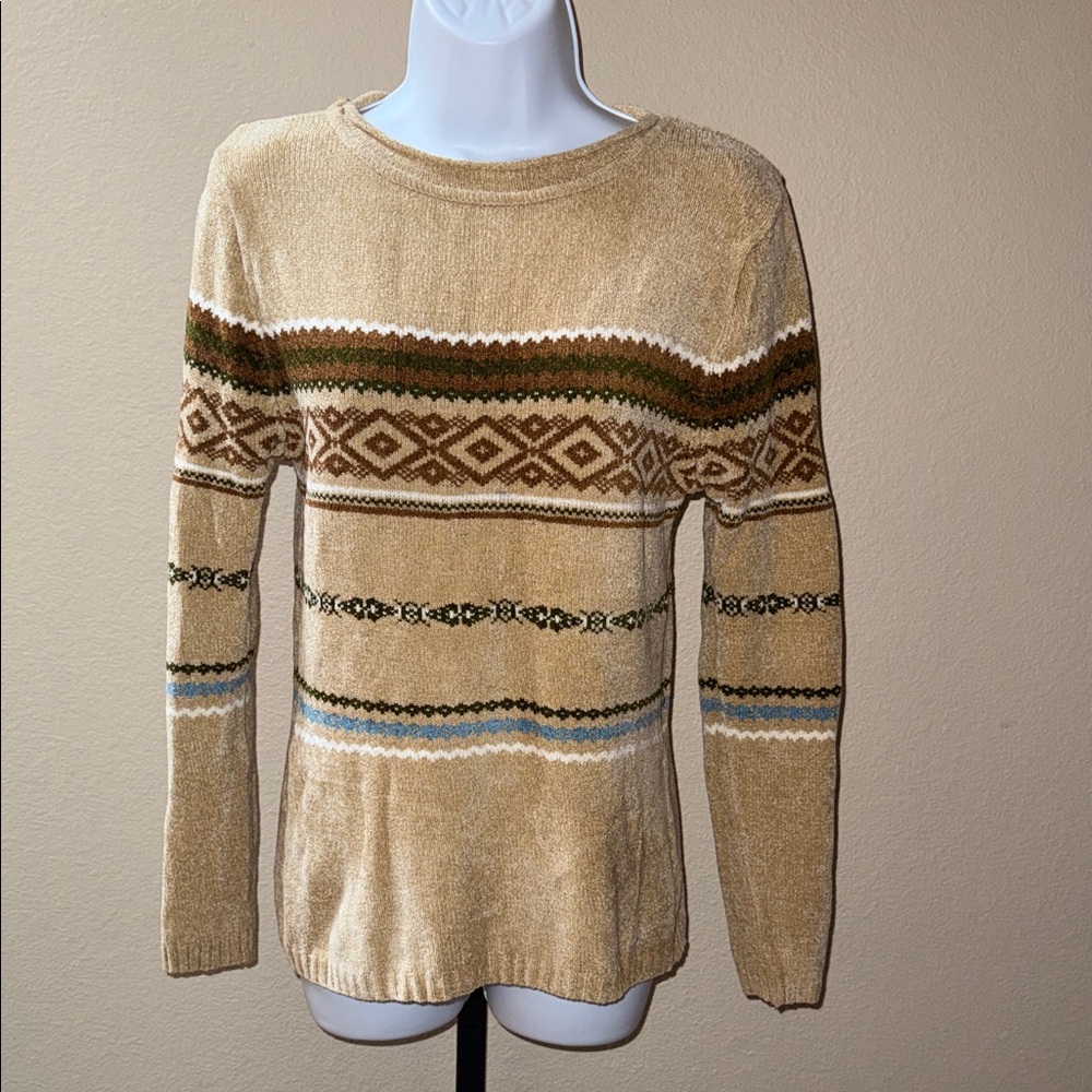 Vintage K Studio Tan Southwest Fair Isle Print Chenille Sweater Women’s Sz 8